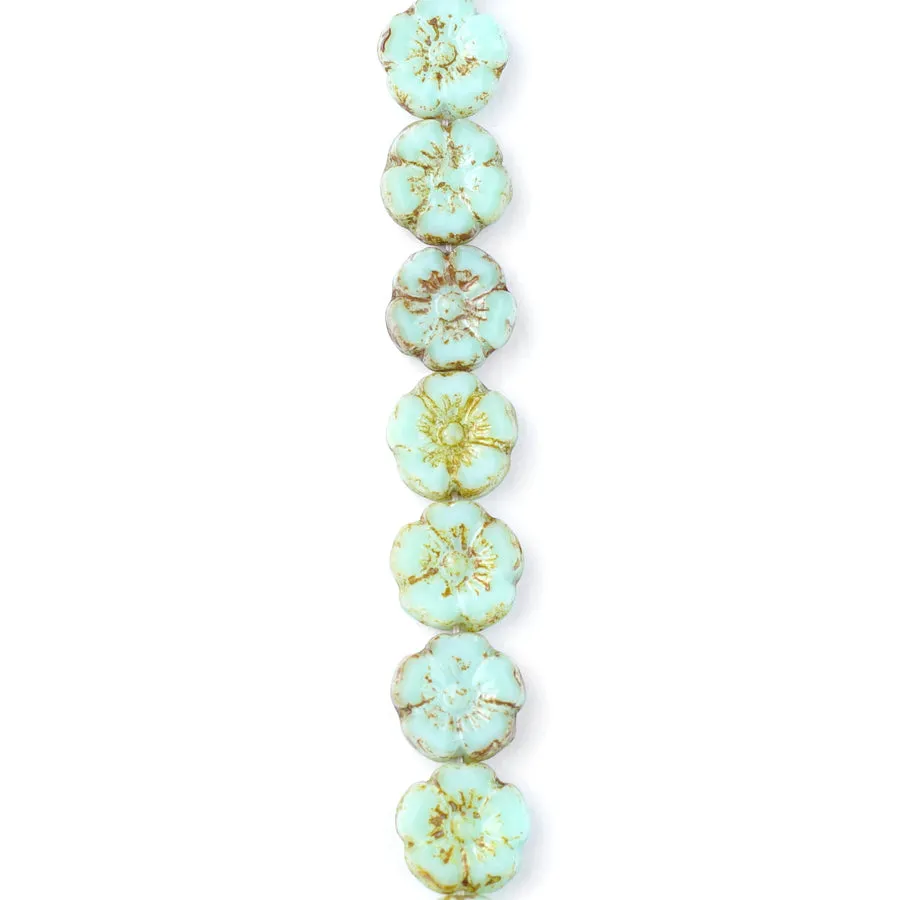 10mm Seafoam Green Silk with Picasso Finish Hibiscus Flower Czech Glass Beads from Raven's Journey