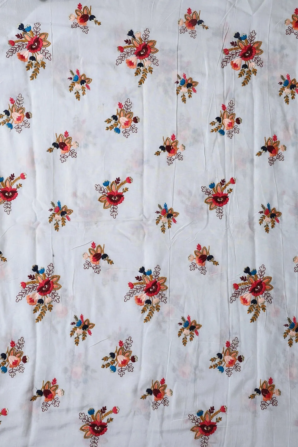 2.25 Meter Cut Piece Of Multi Thread With Gold Zari Floral Embroidery On Off White Muslin Silk Fabric
