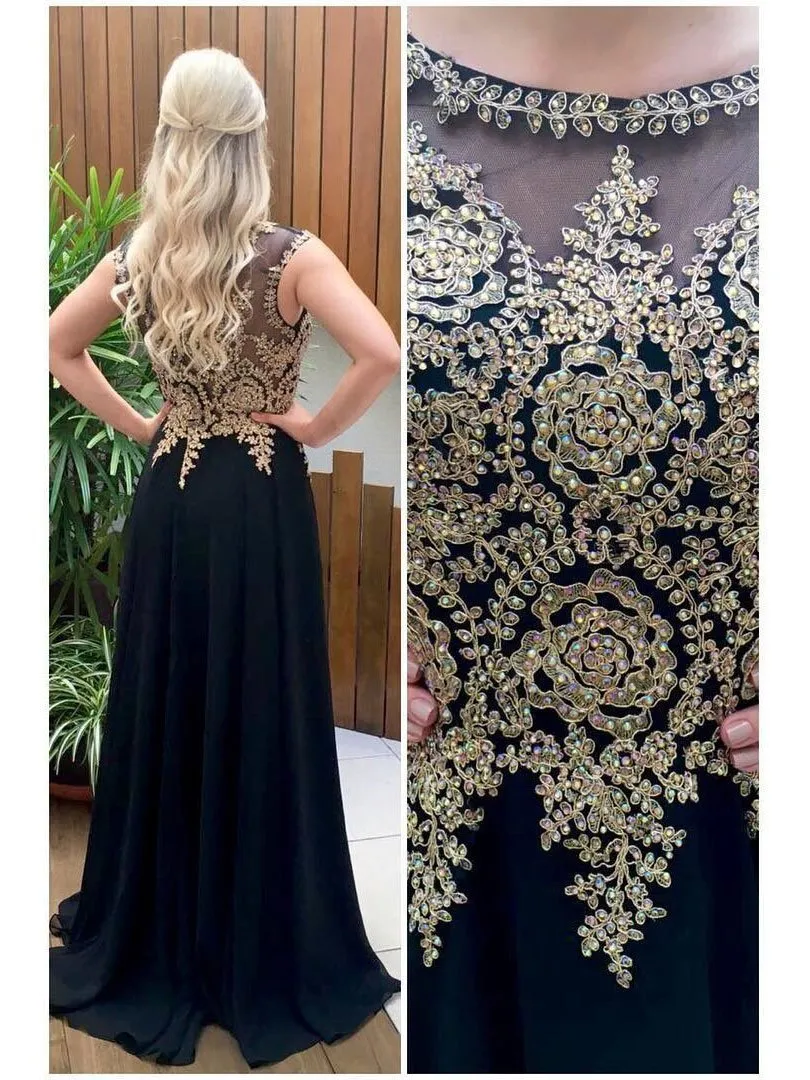 A-line Black Chiffon with Gold Lace appliqued Long Evening Dresses APD2826