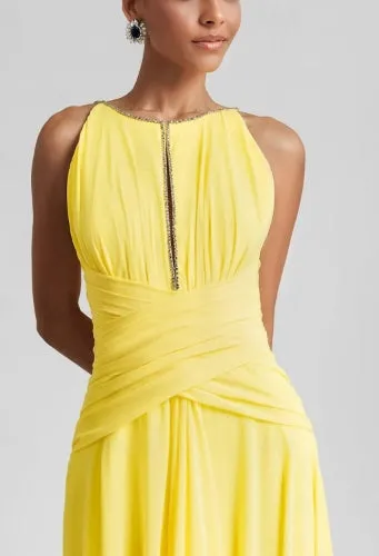 A-Line Evening Gown Wedding Guest Floor Length Sleeveless Jewel Neck Chiffon with Rhinestone Glitter Pleats