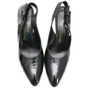 Authentic YSL Slingback Black Patent Leather High Heels Shoes 9.5 N Original Box