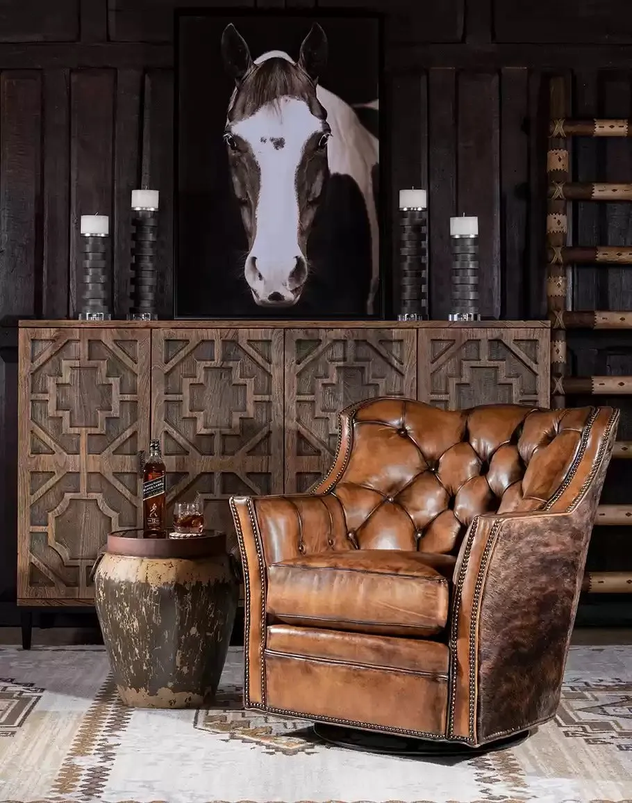 Brindle Cowhide & Tufted Leather Swivel Glider