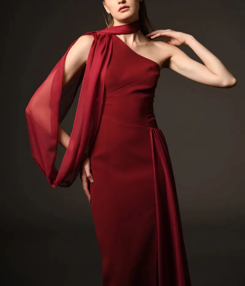 Burgundy Crepe Dress With Chiffon