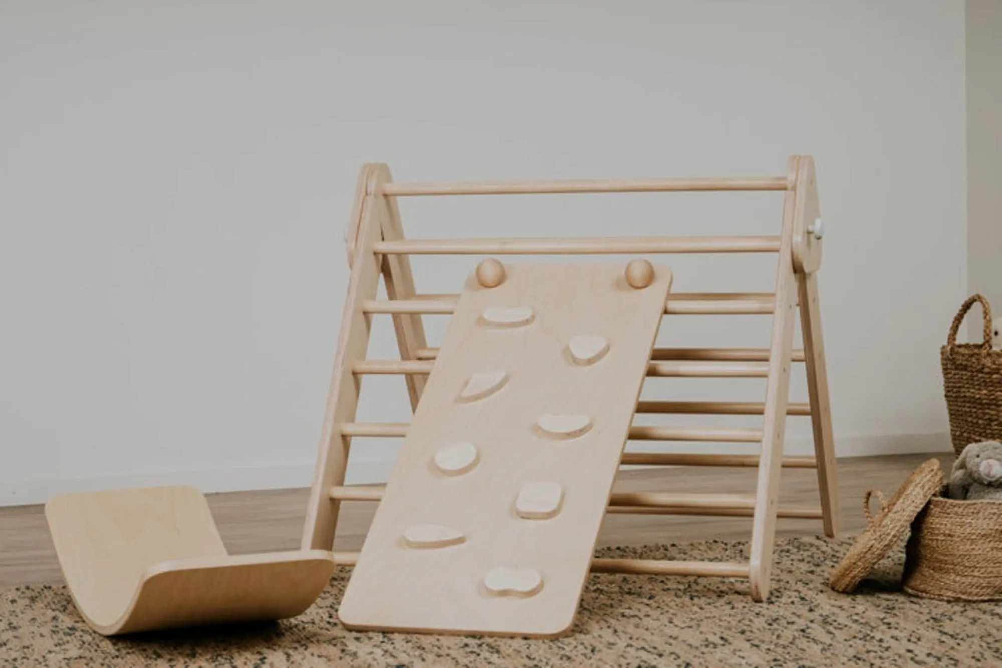 Children's Natural indoor Climbing Triangle and Swedish Wall 2in1, Montessori Triangle, Climber, Climbing Triangle Set, plus balance board.