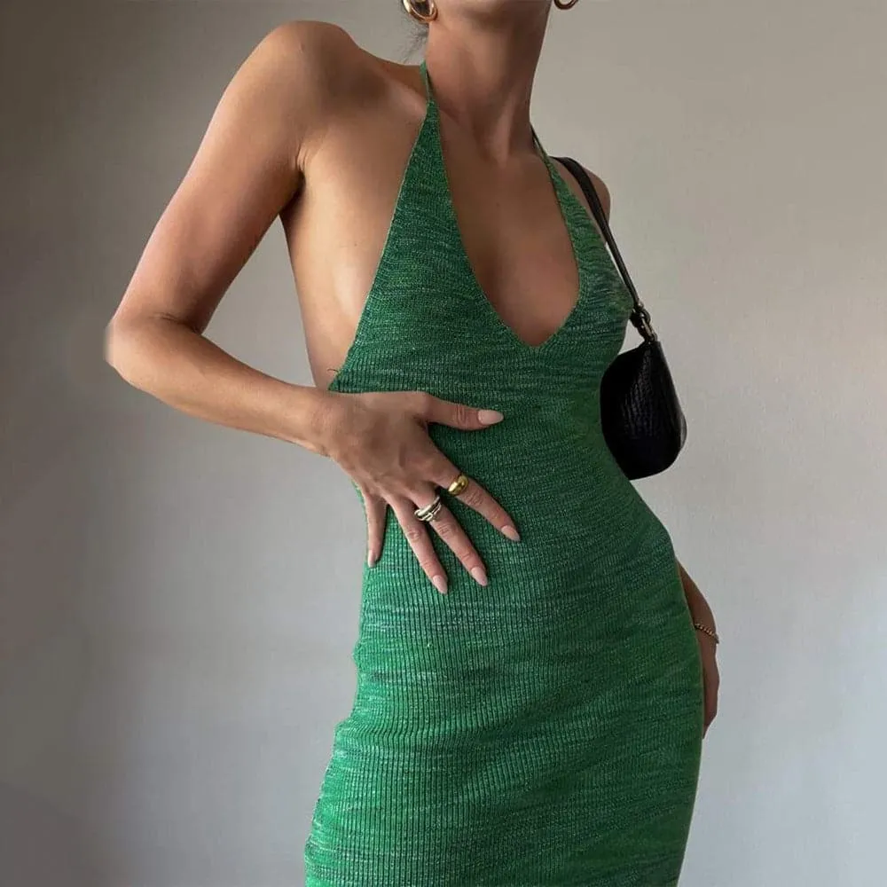 DressBetty - Halter V-Neck Knitted Women's Midi Dress