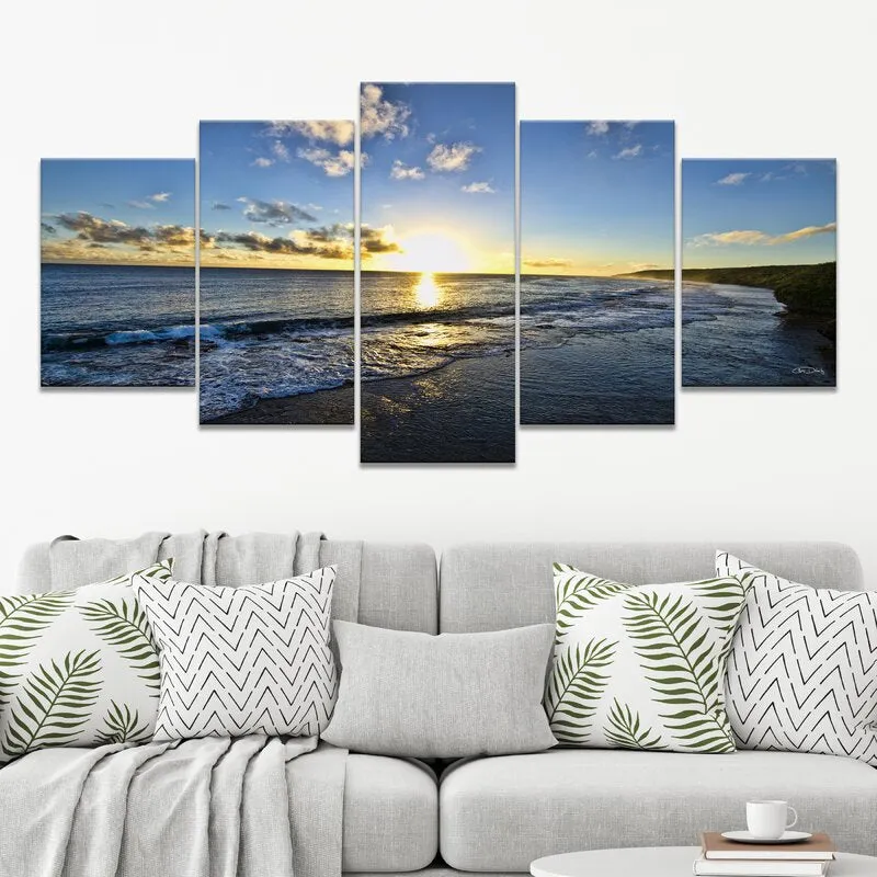 Ingia 5 Piece Wrapped Sunshine on Sea Horizontal Wood Canvas Photograph