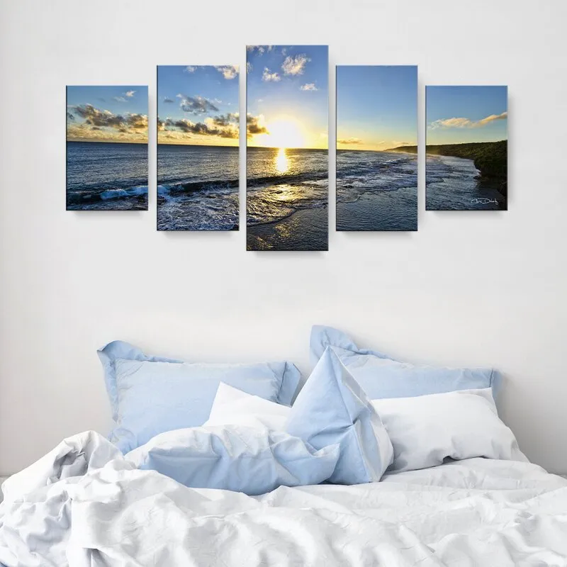 Ingia 5 Piece Wrapped Sunshine on Sea Horizontal Wood Canvas Photograph
