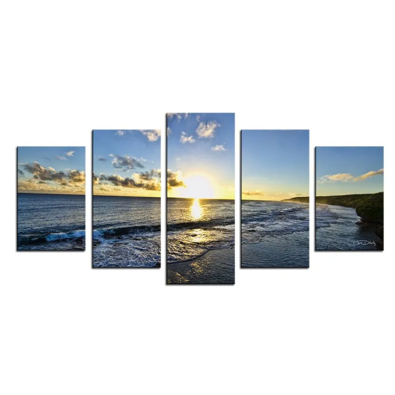 Ingia 5 Piece Wrapped Sunshine on Sea Horizontal Wood Canvas Photograph