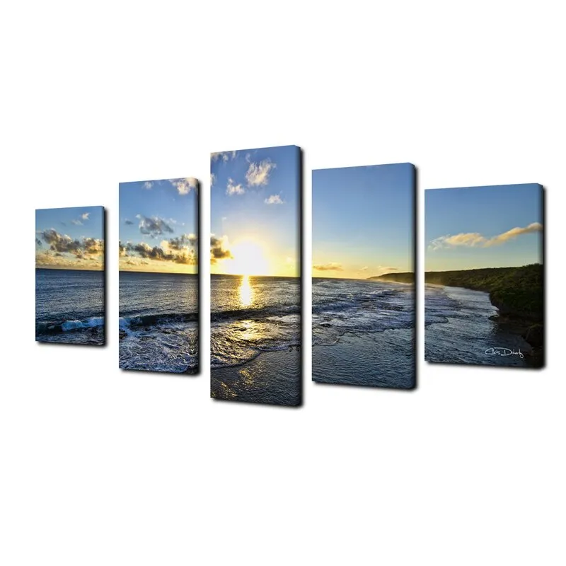 Ingia 5 Piece Wrapped Sunshine on Sea Horizontal Wood Canvas Photograph