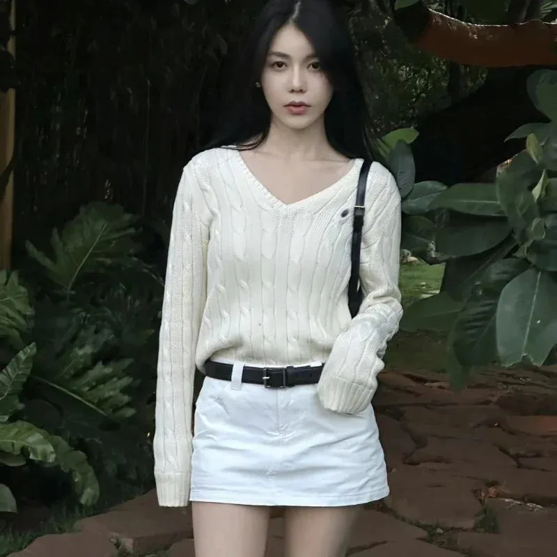 Knitted Top Casual Short Pullovers Lady Sweater V-neck Slim Solid Womens Jumper  Autumn Winter Female Long Sleeve Twist Traf