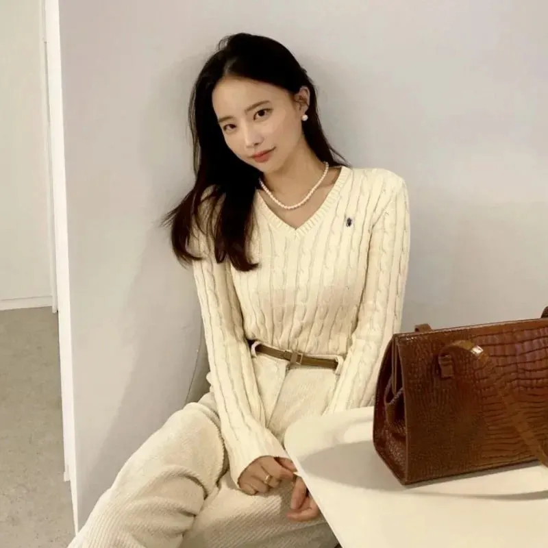 Knitted Top Casual Short Pullovers Lady Sweater V-neck Slim Solid Womens Jumper  Autumn Winter Female Long Sleeve Twist Traf