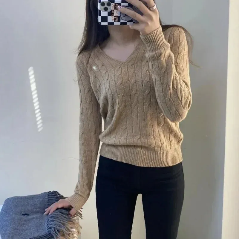 Knitted Top Casual Short Pullovers Lady Sweater V-neck Slim Solid Womens Jumper  Autumn Winter Female Long Sleeve Twist Traf