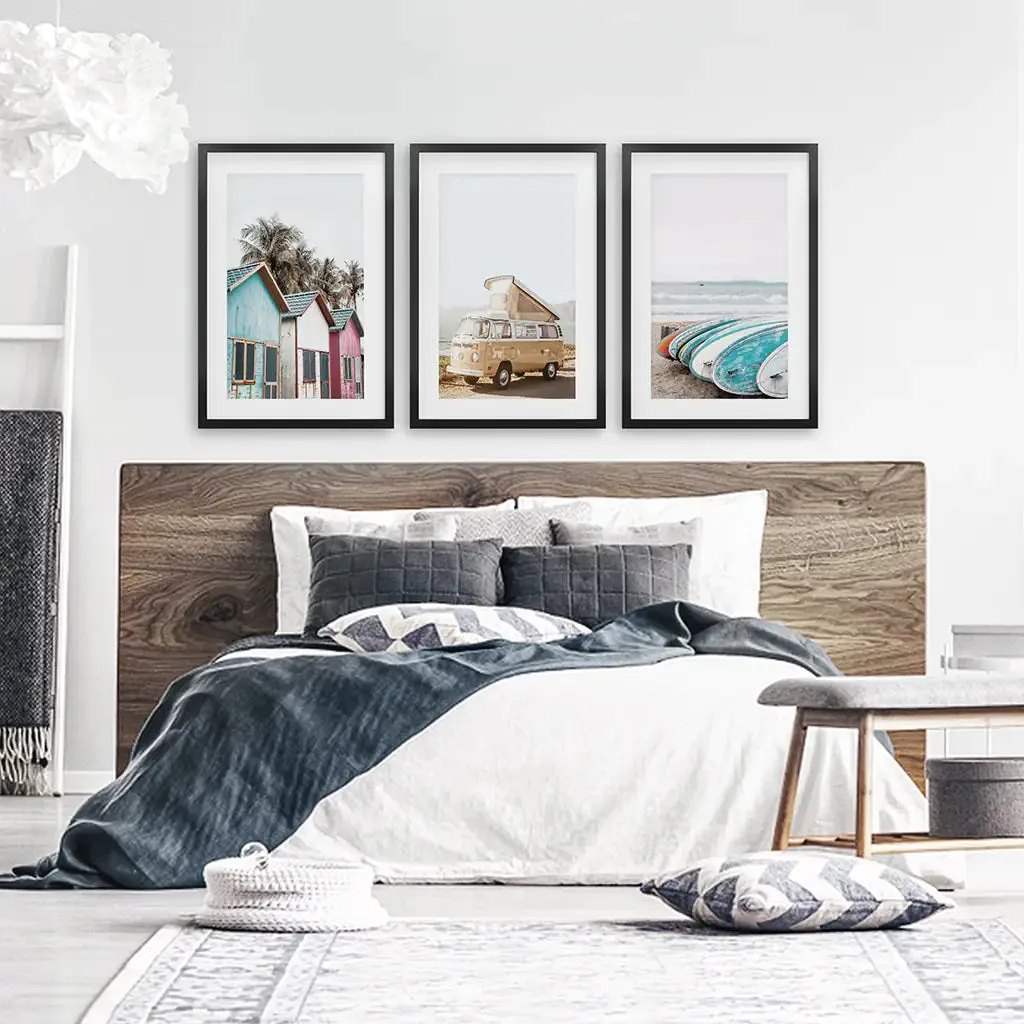 Summer Surfing Wall Art Set. Yellow Bus, Surfboards, Beach Cabins