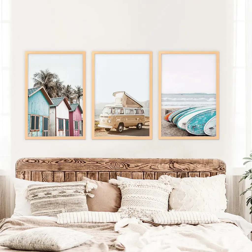 Summer Surfing Wall Art Set. Yellow Bus, Surfboards, Beach Cabins