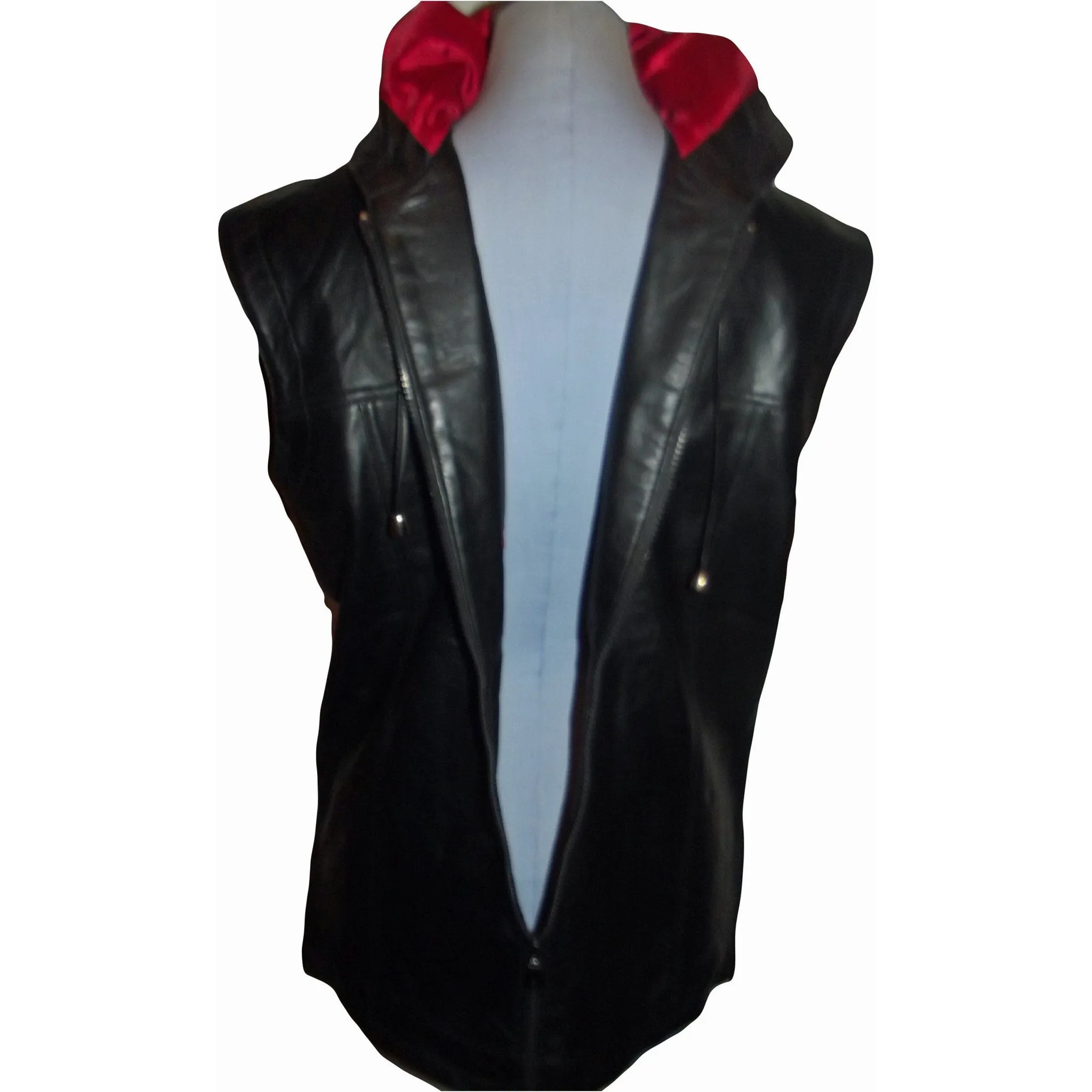 Womens Unisex Black Leather Hooded Hoodie Zip up Sleeveless Tee Shirt / Vest Nappa Sheepskin Size Small only