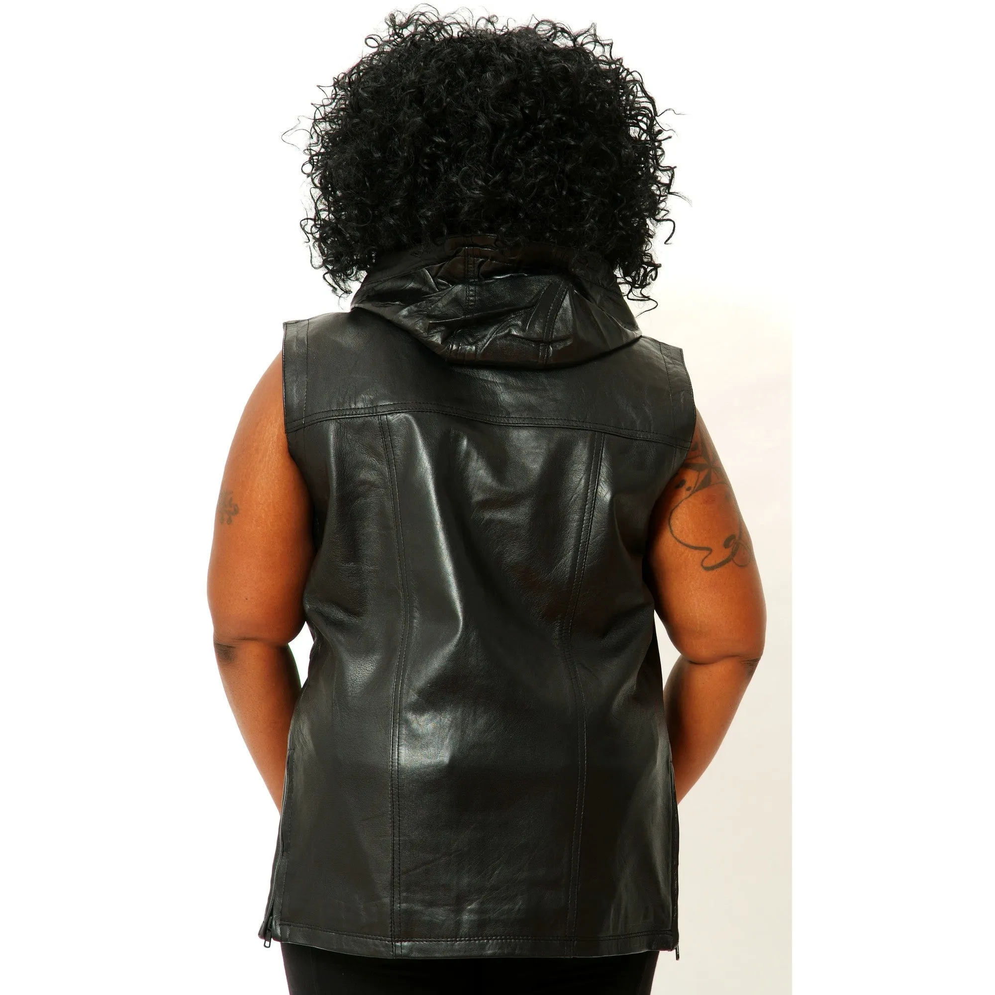 Womens Unisex Black Leather Hooded Hoodie Zip up Sleeveless Tee Shirt / Vest Nappa Sheepskin Size Small only