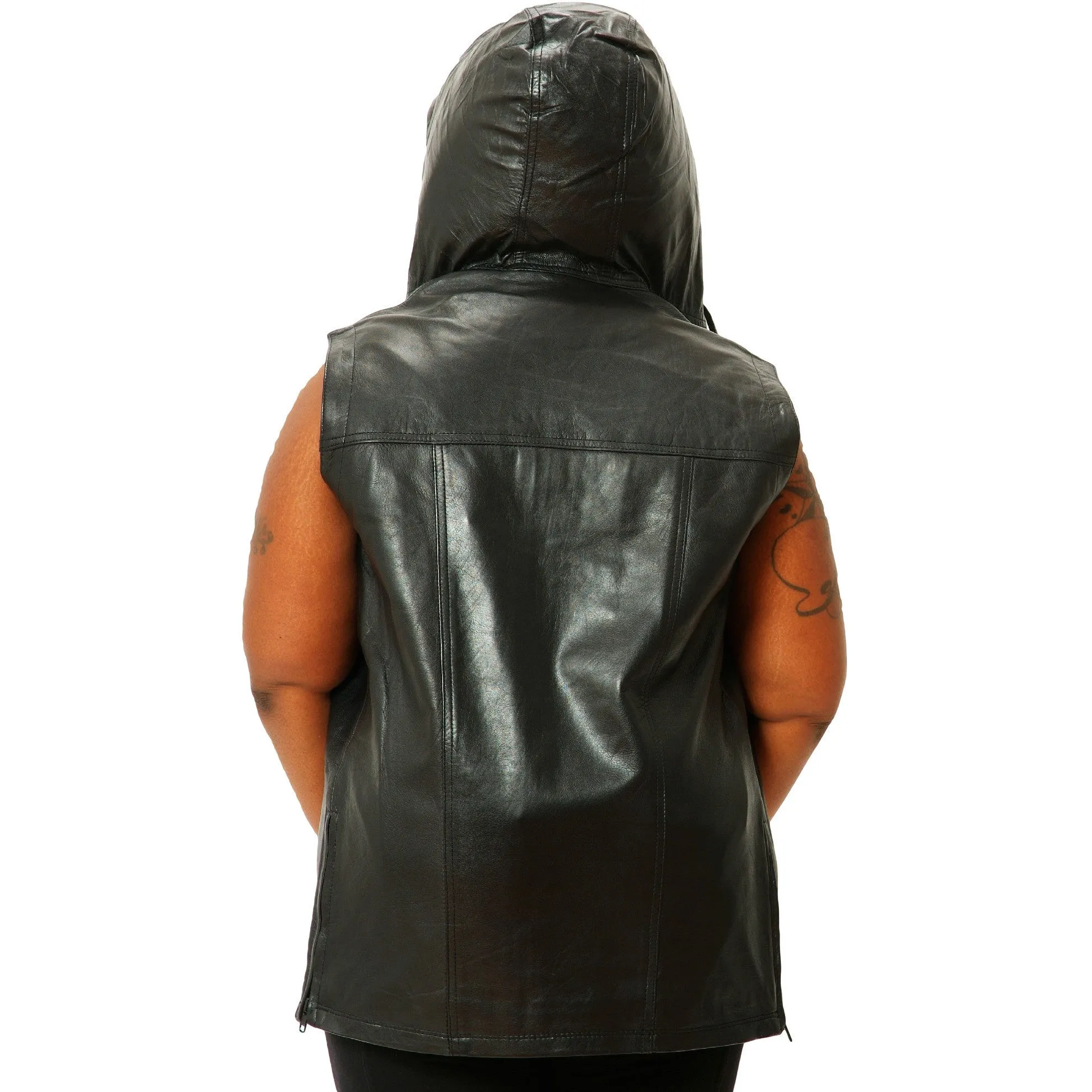 Womens Unisex Black Leather Hooded Hoodie Zip up Sleeveless Tee Shirt / Vest Nappa Sheepskin Size Small only