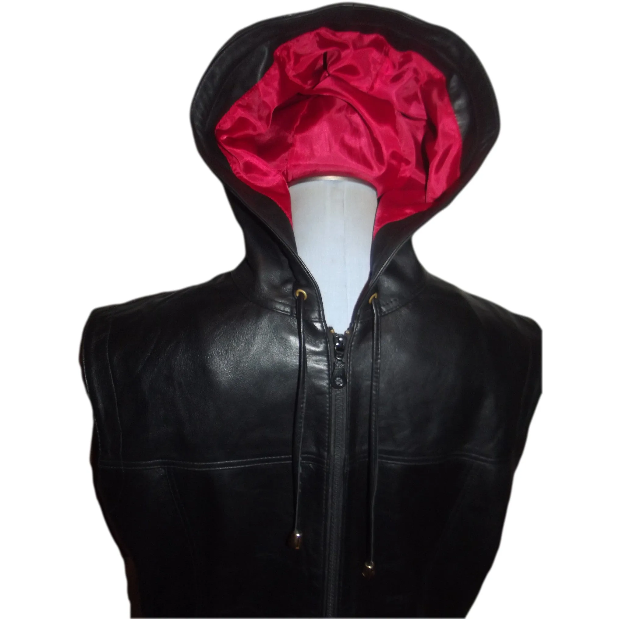 Womens Unisex Black Leather Hooded Hoodie Zip up Sleeveless Tee Shirt / Vest Nappa Sheepskin Size Small only